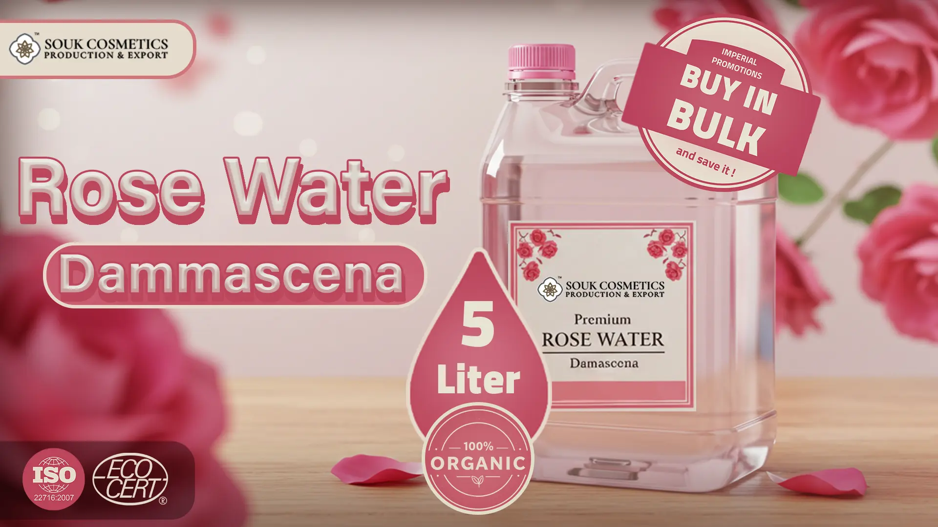 Organic Moroccan Rose Water Hydrosol in glass bottle