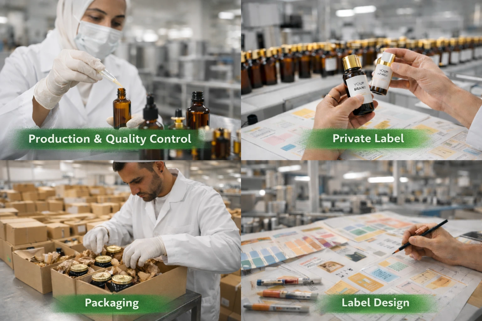 Laboratory specialists formulating skincare products.